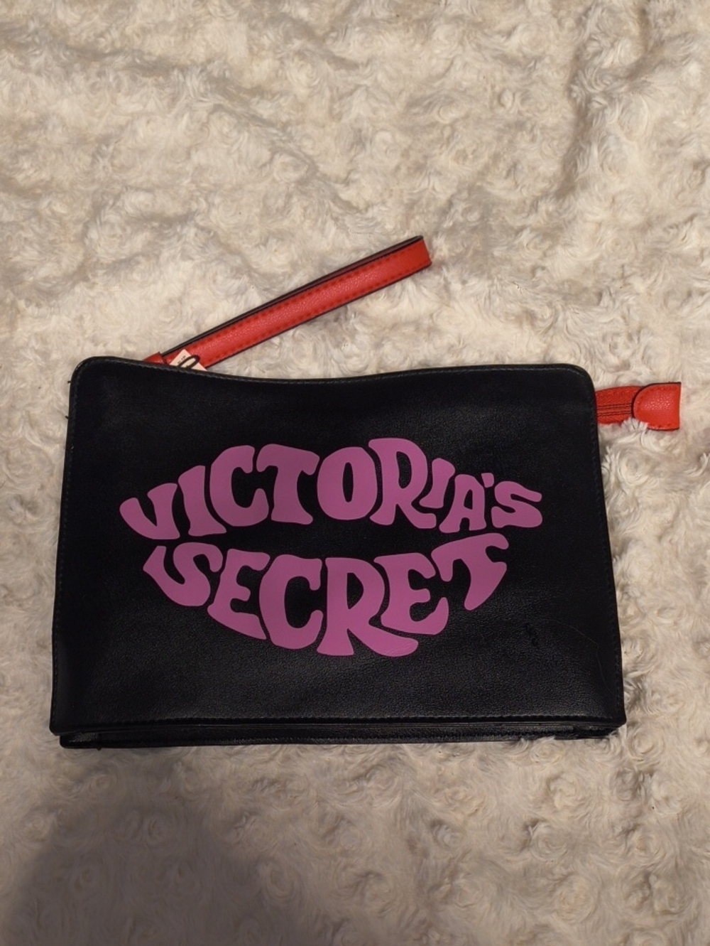 Victoria's Secret Black Cosmetic Pouch with Purple Logo and Red Wrist Strap(1)